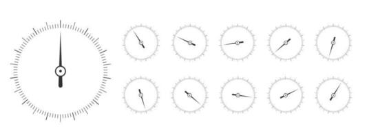 Set of round measuring scales with arrows in different positions. 360 degree templates of barometer, compass, circular ruler tool vector