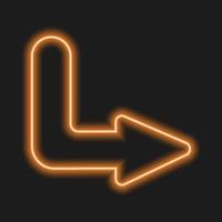 Glowing neon turn arrow on dark background. Lightning orange direction sign on casino, cinema, motel vector