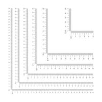 Set of corner ruler templates with centimeters and millimeters markup and numbers. Measuring tool with 5, 10, 15, 20, 25, 30 cm vertical and horizontal lines vector