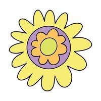 Illustration of funky vibrant flower retro style 70s. Cute retro yellow flower. Decorative primitive colorful flower vector