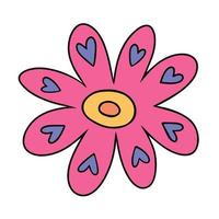 Vector illustration of pink retro style flower with hearts. Funky primitive flower illustration. Vintage style 1970s