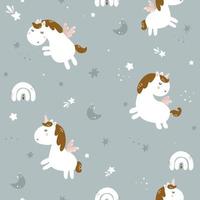 Seamless childish pattern with unicorn and rainbow. Cute vector texture for kids bedding, fabric, wallpaper, wrapping paper, textile, t-shirt print.