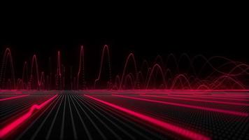 Red neon particle sine waves oscillating up and down at high frequency towards the camera. This physics oscillation concept motion background is 4K and a seamless loop. video