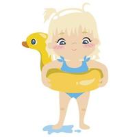 Blonde little girl swimming using duck floaties on white background for kids fashion artworks, children books, birthday invitations, greeting cards, posters vector