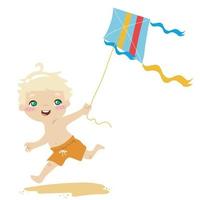 A cute blonde little boy playing kite on the beach on white background for kids fashion artworks, children books, birthday invitations, greeting cards, posters vector