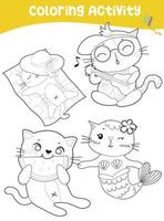 Colouring page with summer theme. Cute kawaii cats with summer activities. Coloring sheet for children. Vector file.