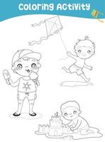 Colouring page with summer theme. Kids with summer activities. Coloring sheet for children. Vector file.
