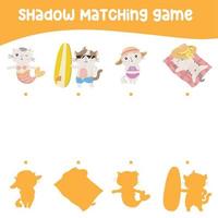 Matching shadow game for children. Find the correct shadow. Matching cats with shadows. Educational printable worksheet. Vector illustration.