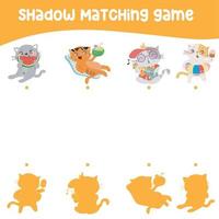 Matching shadow game for children. Find the correct shadow. Matching cats with shadows. Educational printable worksheet. Vector illustration.