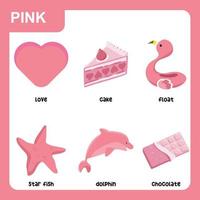 Learning the color pink for children. Ready to print educational poster or page. Learning material for toddlers. Worksheet with main colours for kindergarten. Vector file.