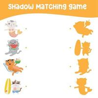 Matching shadow game for children. Find the correct shadow. Matching cats with shadows. Educational printable worksheet. Vector illustration.