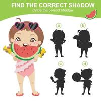 Find the correct shadow. Matching shadow game for children. Worksheet for kid. Educational printable worksheet. Vector illustration.