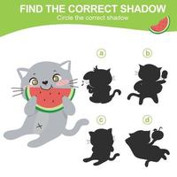 Find the correct shadow. Matching shadow game for children. Worksheet for kid. Educational printable worksheet. Vector illustration.