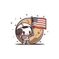 cute astronaut holding american flag on the moon vector