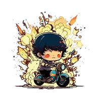 cute illustration of a Kids riding a motorbike with a burning fire vector