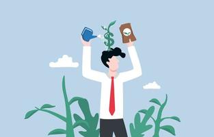 Building growth mindset for personal financial management, developing positive attitude toward money concept, Businessman planting dollar tree on his head. vector