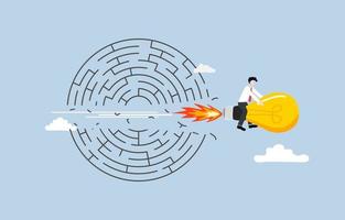 Creative idea or innovative solution to solve problem, smart thinking to overcome difficult challenge concept, Businessman flying with idea light bulb breakthrough maze. vector