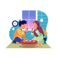 Illustration of a couple eating and drinking to break their fast vector