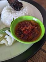 Close up photo of roasted chicken spicy with traditional sauce and rice on restaurant. The photo is suitable to use for food background, poster and food content.