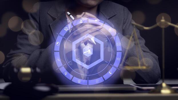 Justice lawyers with Judge gavel, Businessman in suit or lawyer Hiring lawyers in the digital system. Legal law, prosecution, legal adviser, lawsuit, detective, investigation,legal consultant. photo