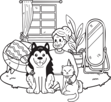 Hand Drawn Elderly hugging dogs and cats illustration in doodle style png