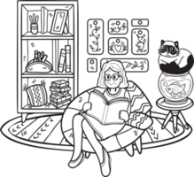 Hand Drawn Elderly reading a book with a cat illustration in doodle style png