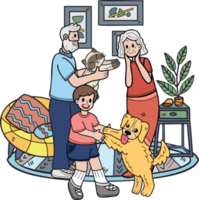 Hand Drawn Elderly play with dogs and cats illustration in doodle style png