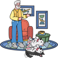 Hand Drawn Elderly man training a dog illustration in doodle style png