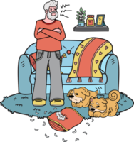 Hand Drawn Elderly man training a dog illustration in doodle style png