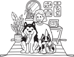 Hand Drawn Elderly sitting with the dog illustration in doodle style png