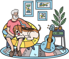 Hand Drawn Elderly man sitting with Beagle Dog illustration in doodle style png