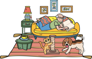 Hand Drawn Elderly reading books with dogs and cats illustration in doodle style png