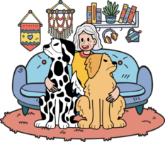 Hand Drawn Elderly woman training a dog illustration in doodle style png