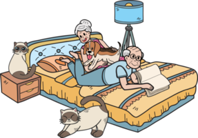 Hand Drawn Elderly reading books with dogs and cats illustration in doodle style png