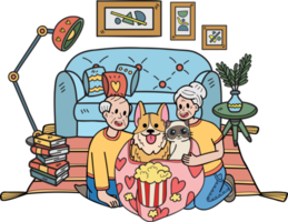 Hand Drawn Elderly hugging dogs and cats illustration in doodle style png