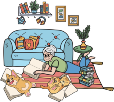 Hand Drawn Elderly reading books with dogs and cats illustration in doodle style png