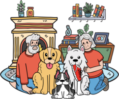 Hand Drawn Elderly sitting with the dog illustration in doodle style png