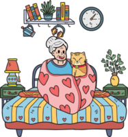 Hand Drawn Elderly holding a cat illustration in doodle style png