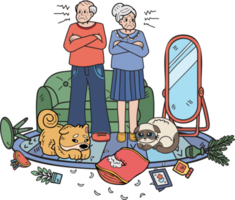 Hand Drawn Elderly scolding cats and dogs illustration in doodle style png