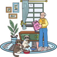 Hand Drawn Elderly feeding the cat illustration in doodle style png