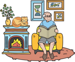 Hand Drawn Elderly reading a book with a cat illustration in doodle style png