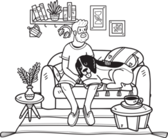 Hand Drawn Elderly man sitting with Beagle Dog illustration in doodle style png