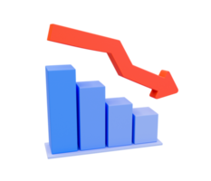 3d minimal data analysis icon. financial down. stock down. depreciation concept. A bar graph with an arrow down. 3d illustration. png