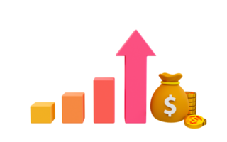 3d minimaal gegevens analyse. stijgend financiën. versterking munteenheid. een bar diagram met een pijl stijgende lijn en geld. 3d illustratie. png