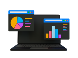 3d minimaal afzet strategie concept. bedrijf analyse. afzet gegevens analyse. laptop met statistieken gegevens. 3d illustratie. png