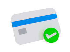 3d minimal kreditera kort godkännande. kreditera kort accepterad ikon. kreditera kort med en kolla upp märke. 3d illustration. png