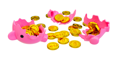 3d Broken piggy bank. bankruptcy concept. money loan concept. business failure concept. broken piggy bank with scattered coins. 3d rendering illustration. png