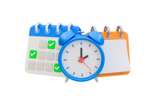 3d minimal time management concept. life schedule management concept. calendar with alarm clock and notebook. 3d rendering illustration. png