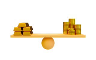 3d minimal comparison between money and gold. Valuation of money and bullion. a pile of coins and a pile of gold bars on a seesaw. 3d rendering illustration. png