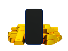 3d realistisch smartphone met goud bars. goud prijs voorspelling concept. blanco scherm mobiel telefoon met een stapel van edelmetaal 3d renderen illustratie. png